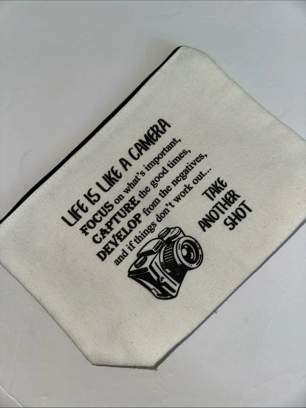 Canvas Camera Quote Life is Like a Camera Zipper Pouch - White New Without Tag